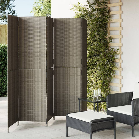 Grey Poly Rattan 5-Panel Room Divider - Stylish & Functional Decor