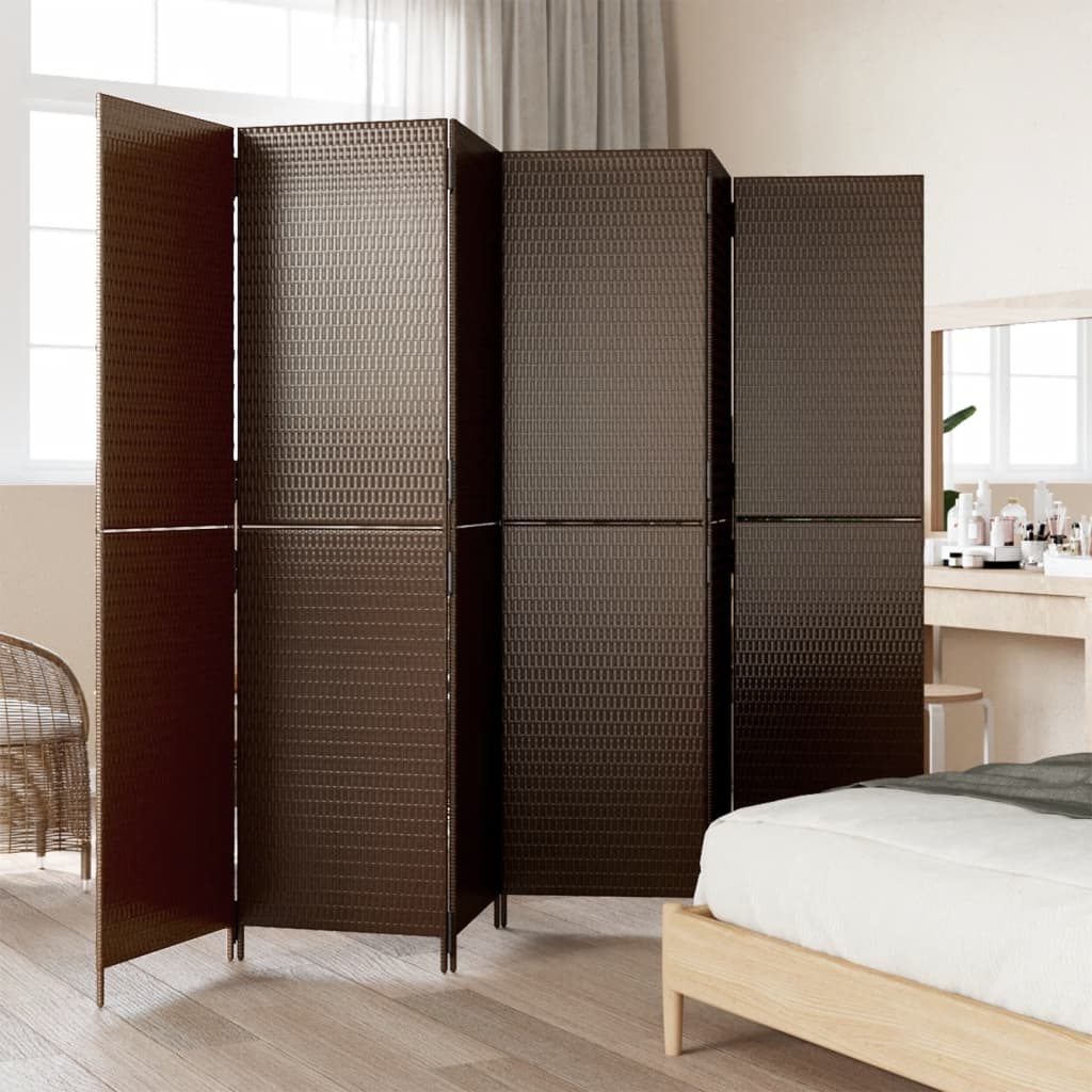 6-Panel Brown Poly Rattan Room Divider - Stylish & Functional Decor