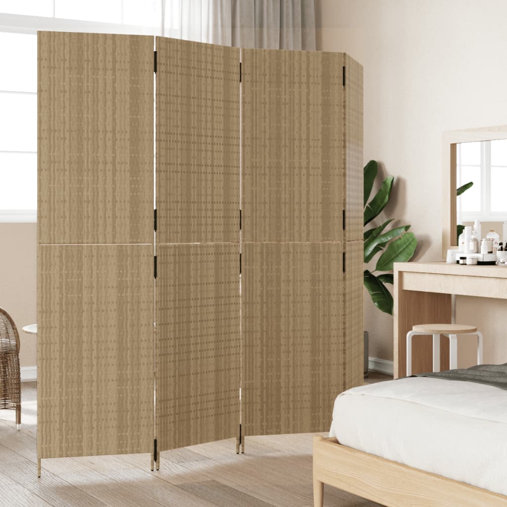 Beige Poly Rattan 4-Panel Room Divider - Stylish Privacy Screen