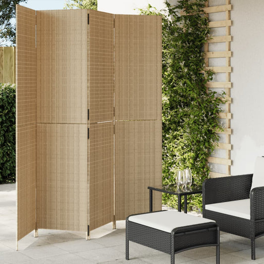 Beige Poly Rattan 4-Panel Room Divider - Stylish Privacy Screen