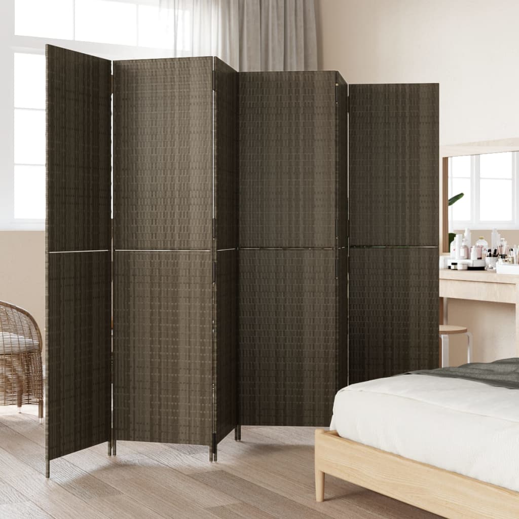 6-Panel Grey Poly Rattan Room Divider - Stylish Space Separator