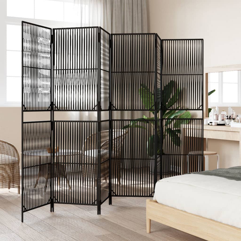 6-Panel Black Poly Rattan Room Divider - Stylish Privacy Screen