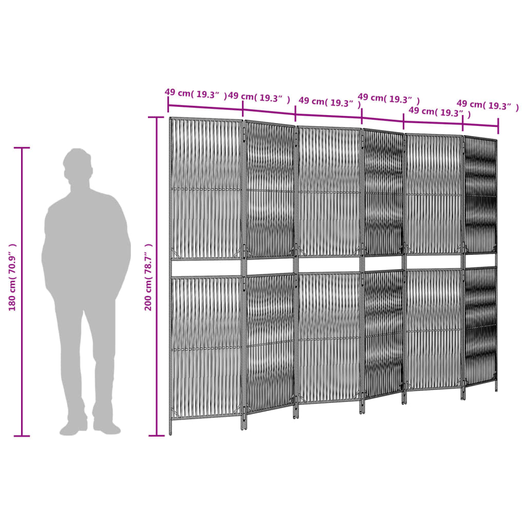 6-Panel Black Poly Rattan Room Divider - Stylish Privacy Screen