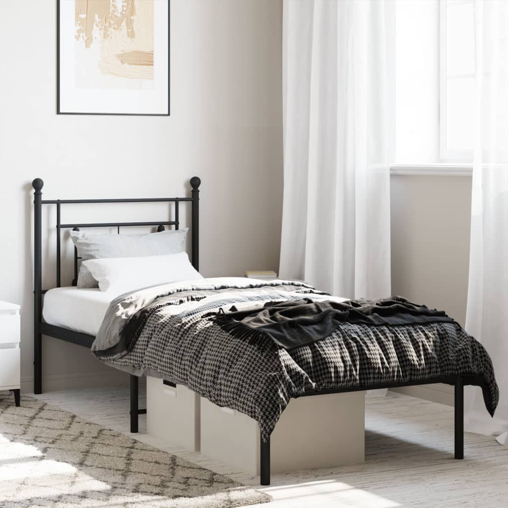 Black Metal Bed Frame with Headboard - 75x190cm (No Mattress)