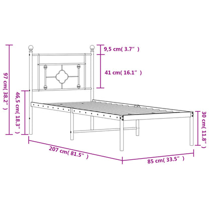 Sleek Black Metal Bed Frame with Headboard - 80x200cm