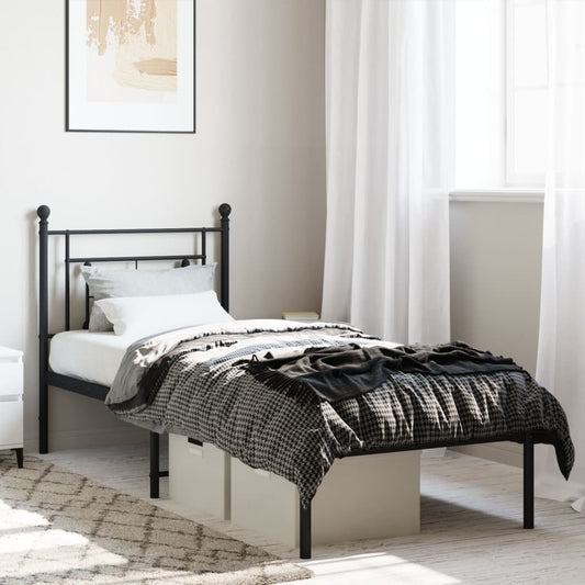 Sleek Black Metal Bed Frame with Headboard - 80x200cm
