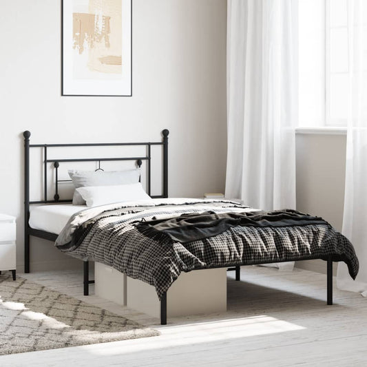 Sleek Black Metal Bed Frame with Headboard - 107x203cm