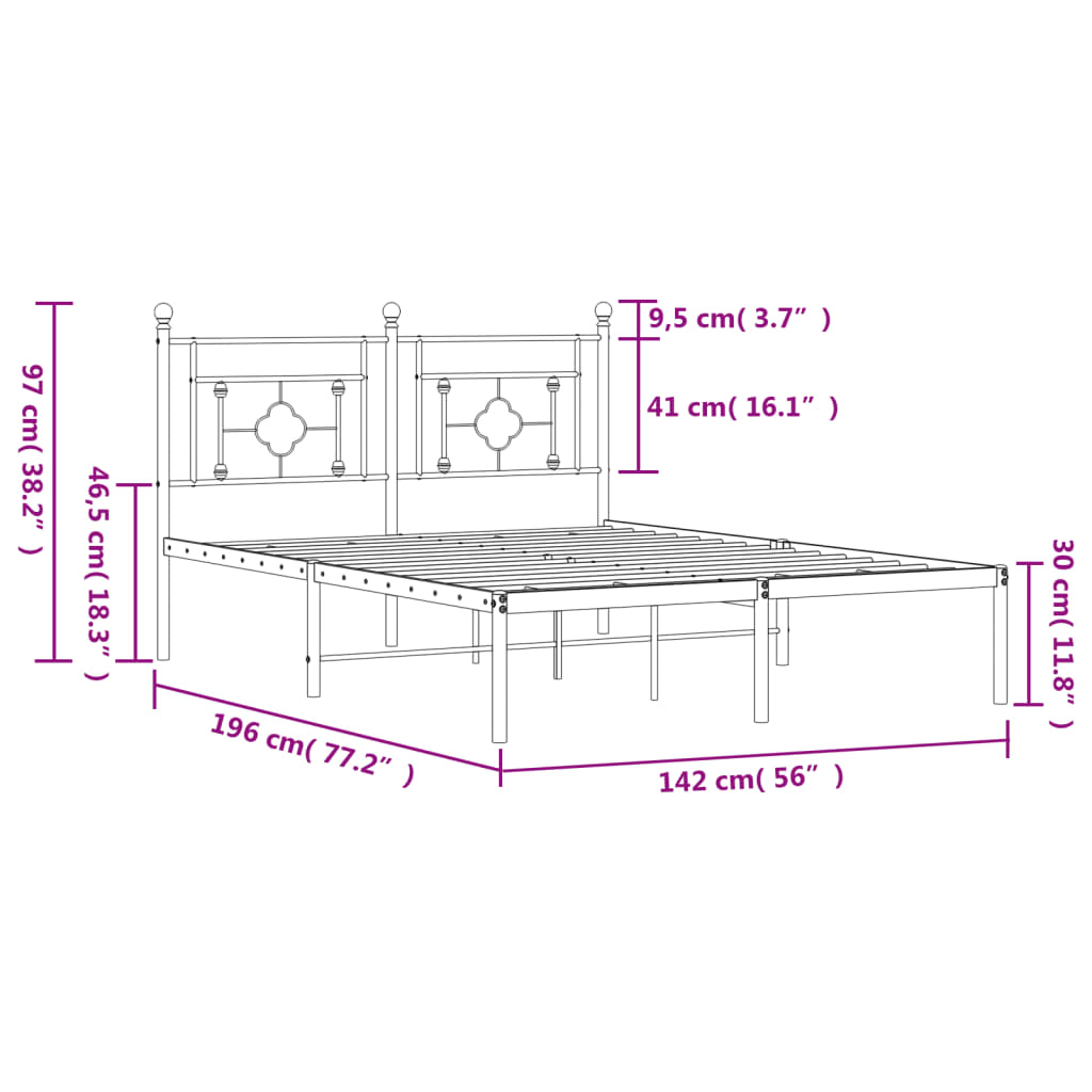Metal Bed Frame without Mattress with Headboard Black 135x190cm