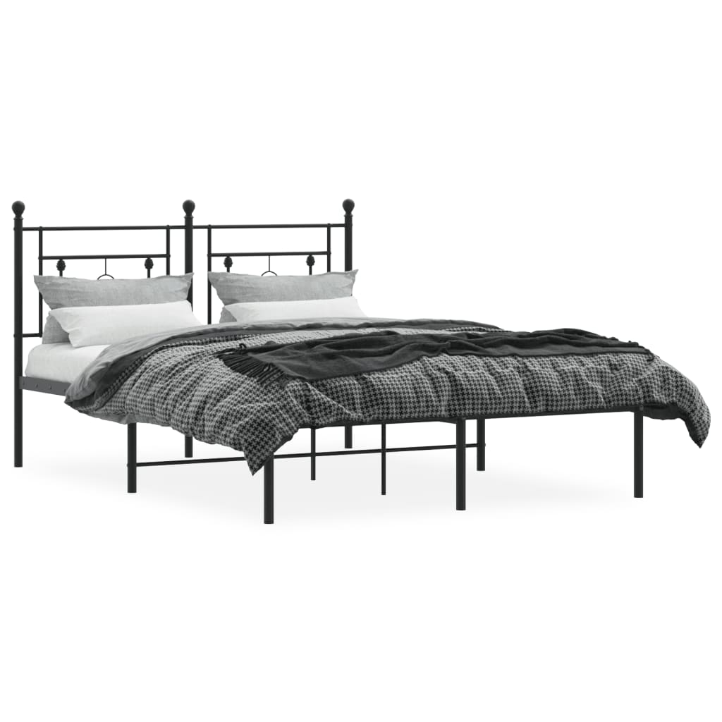 Black Metal Bed Frame with Headboard - 140x190cm, No Mattress