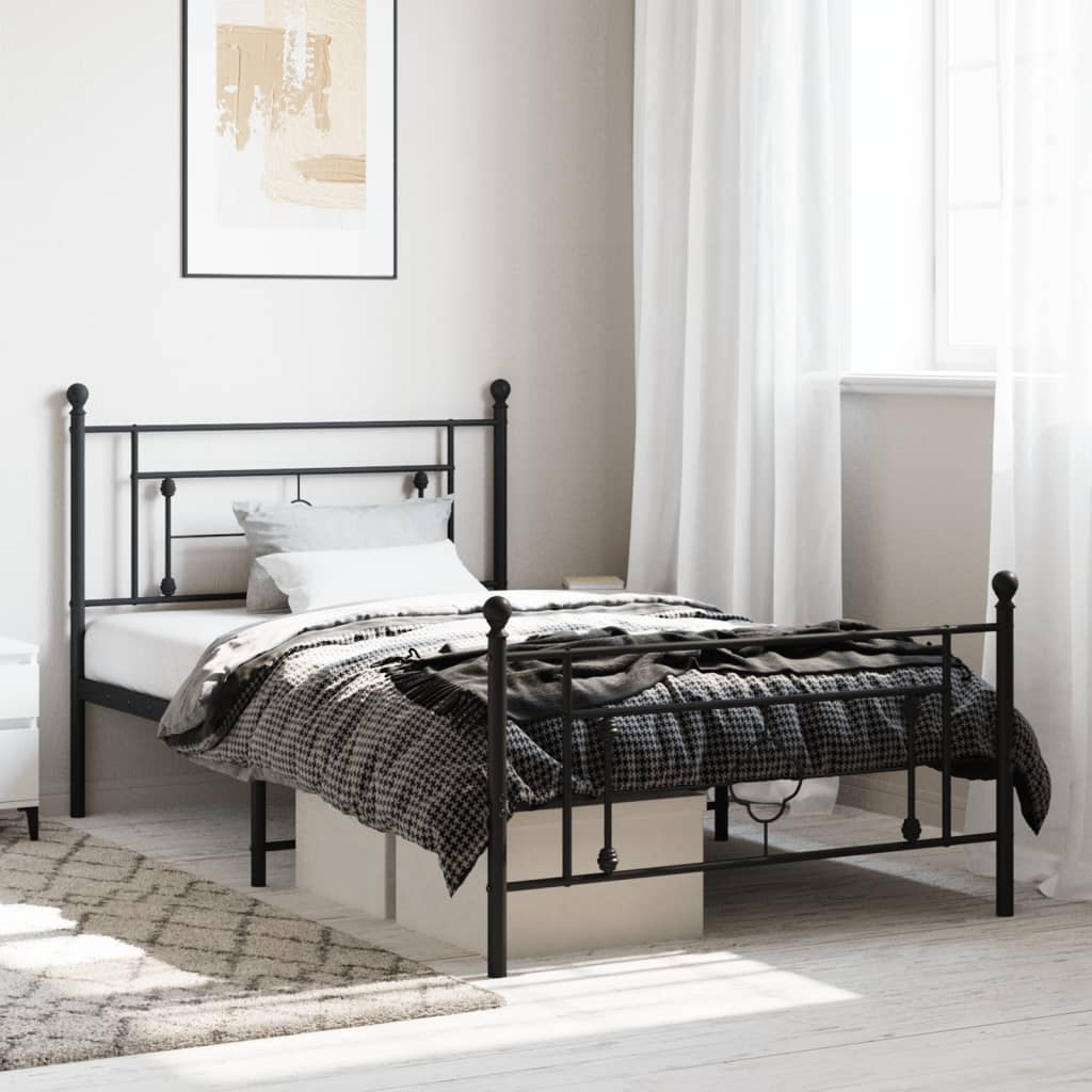 Black Metal Bed Frame with Footboard - 107x203cm Sturdy Design