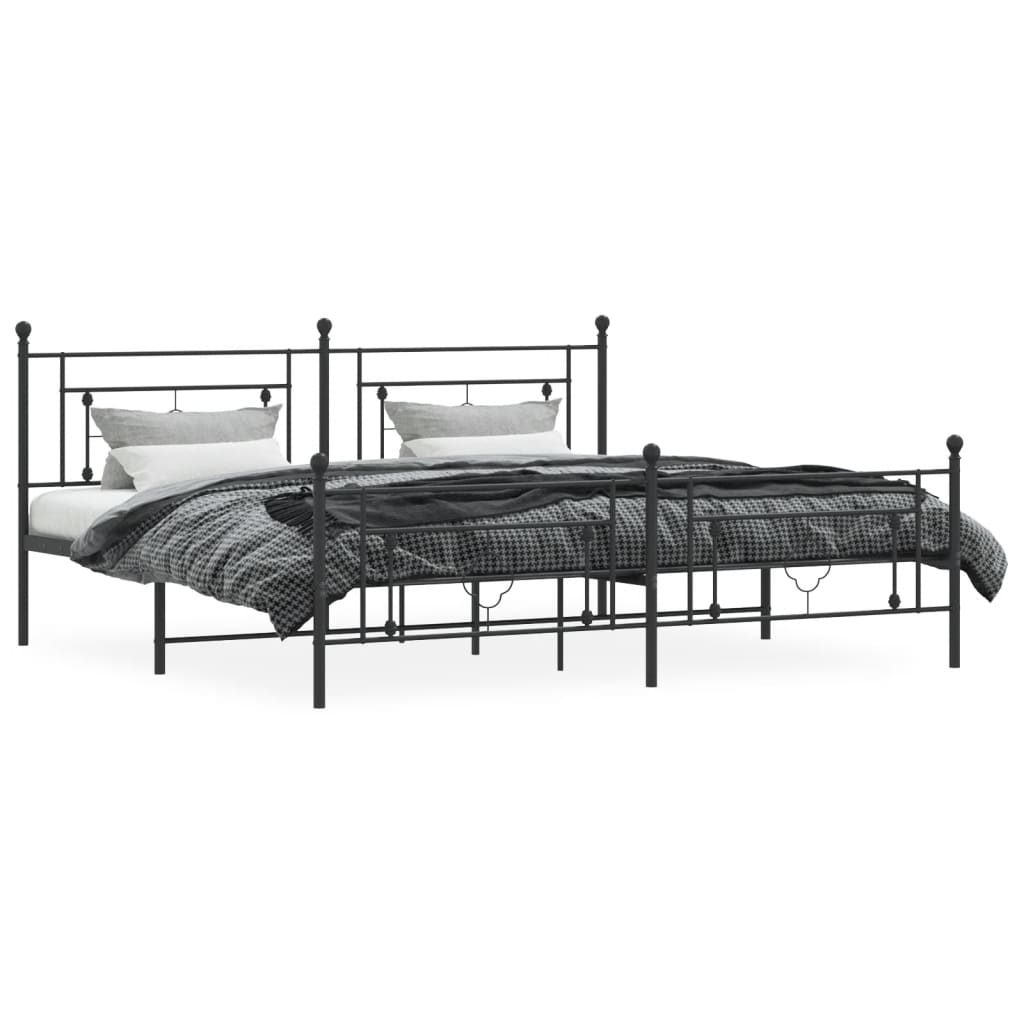 Sleek Black Metal Bed Frame with Footboard, 200x200cm | No Mattress