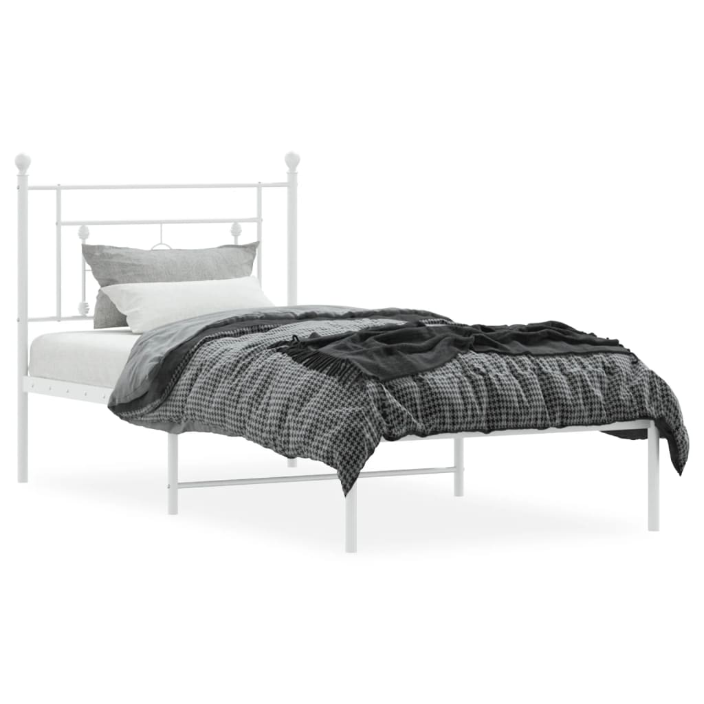 White Metal Bed Frame with Headboard 90x190cm - No Mattress Included
