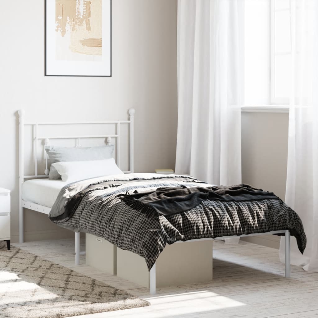 White Metal Bed Frame with Headboard 90x190cm - No Mattress Included