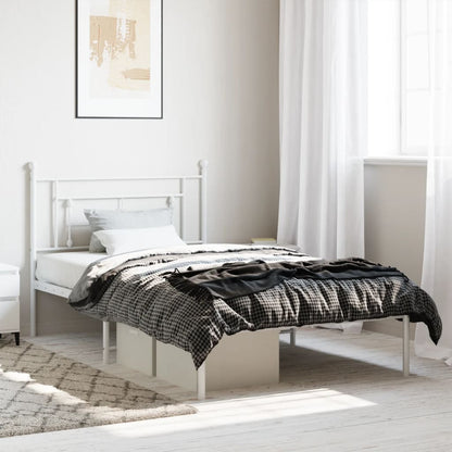 White Metal Bed Frame with Headboard - 107x203cm, No Mattress