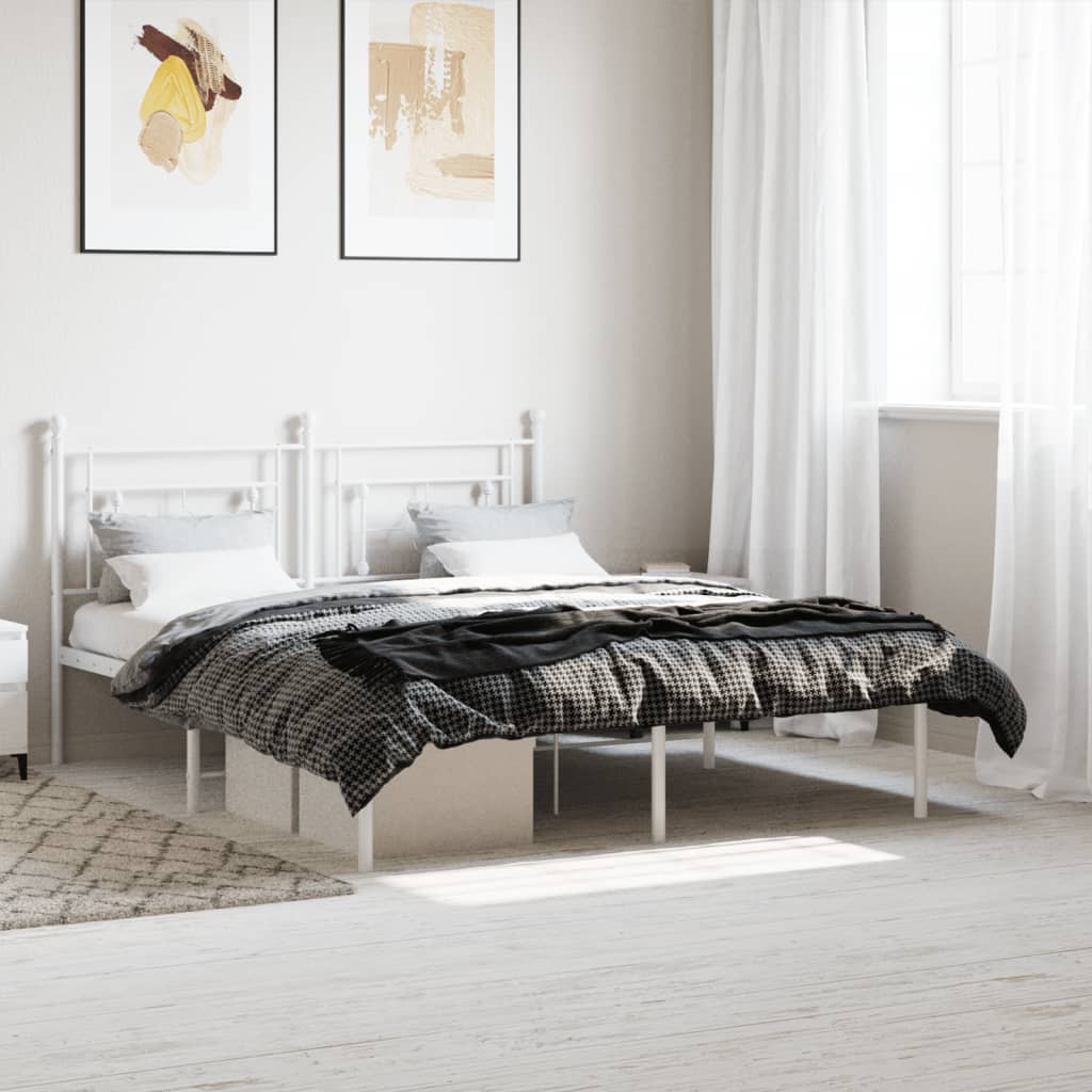 White Metal Bed Frame with Headboard, 160x200cm - No Mattress Included