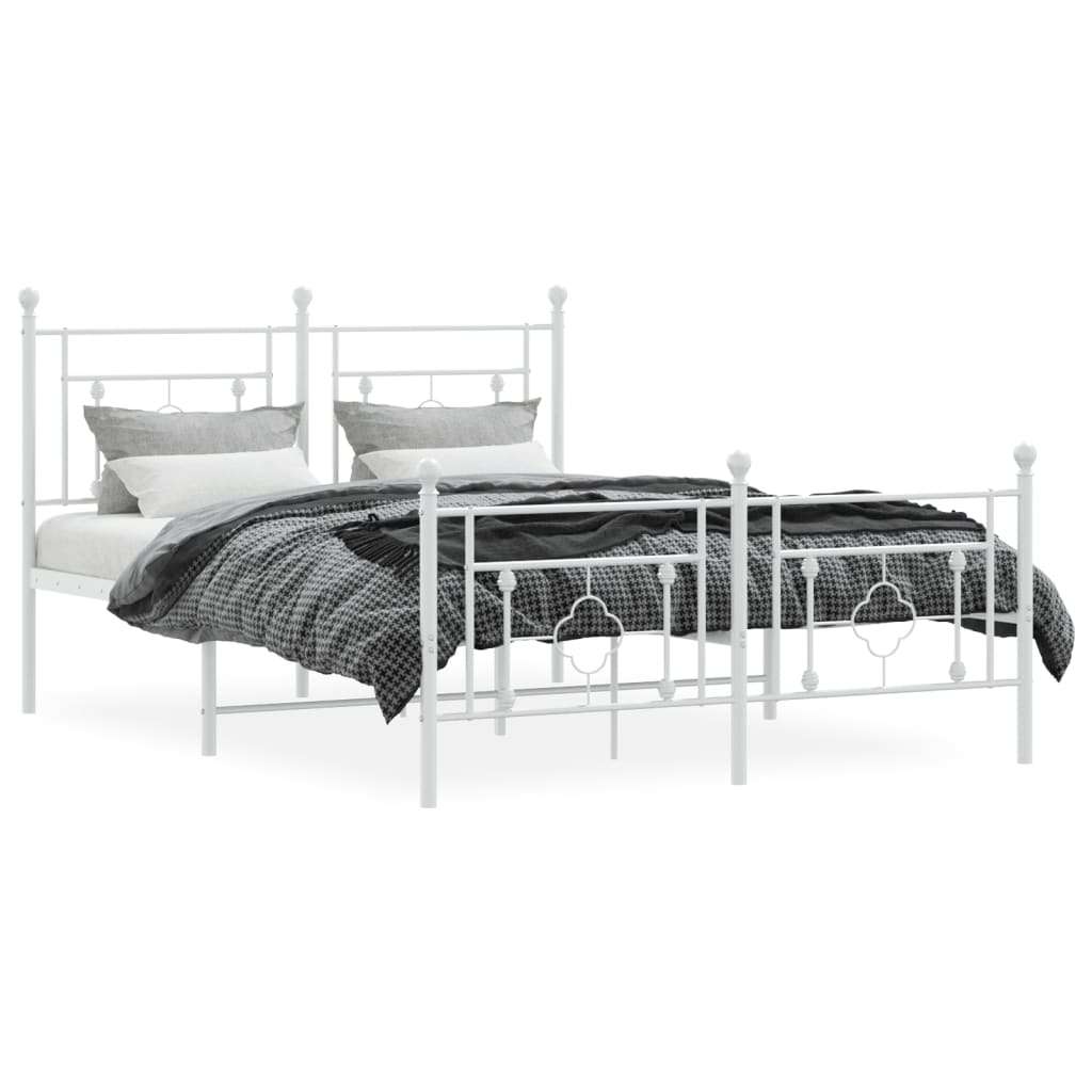 White Metal Bed Frame with Footboard, 140x190cm, No Mattress Included