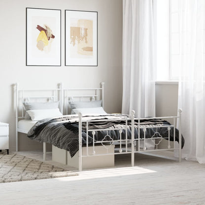 White Metal Bed Frame with Footboard, 140x190cm, No Mattress Included