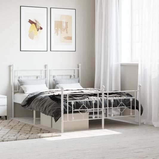 White Metal Bed Frame with Footboard, 140x190cm, No Mattress Included