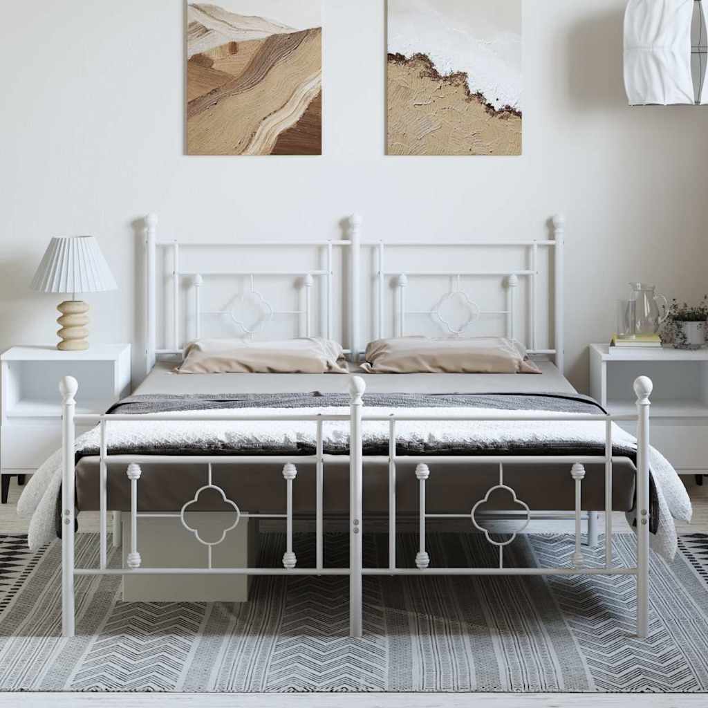 White Metal Bed Frame with Footboard - 150x200cm Sturdy Design