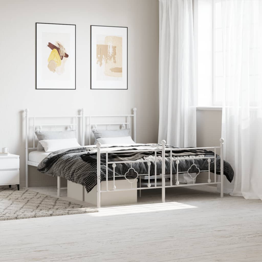 Modern White Metal Bed Frame with Footboard, 160x200cm