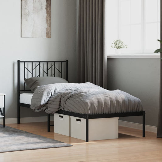 Sleek Black Metal Bed Frame with Headboard, 75x190cm