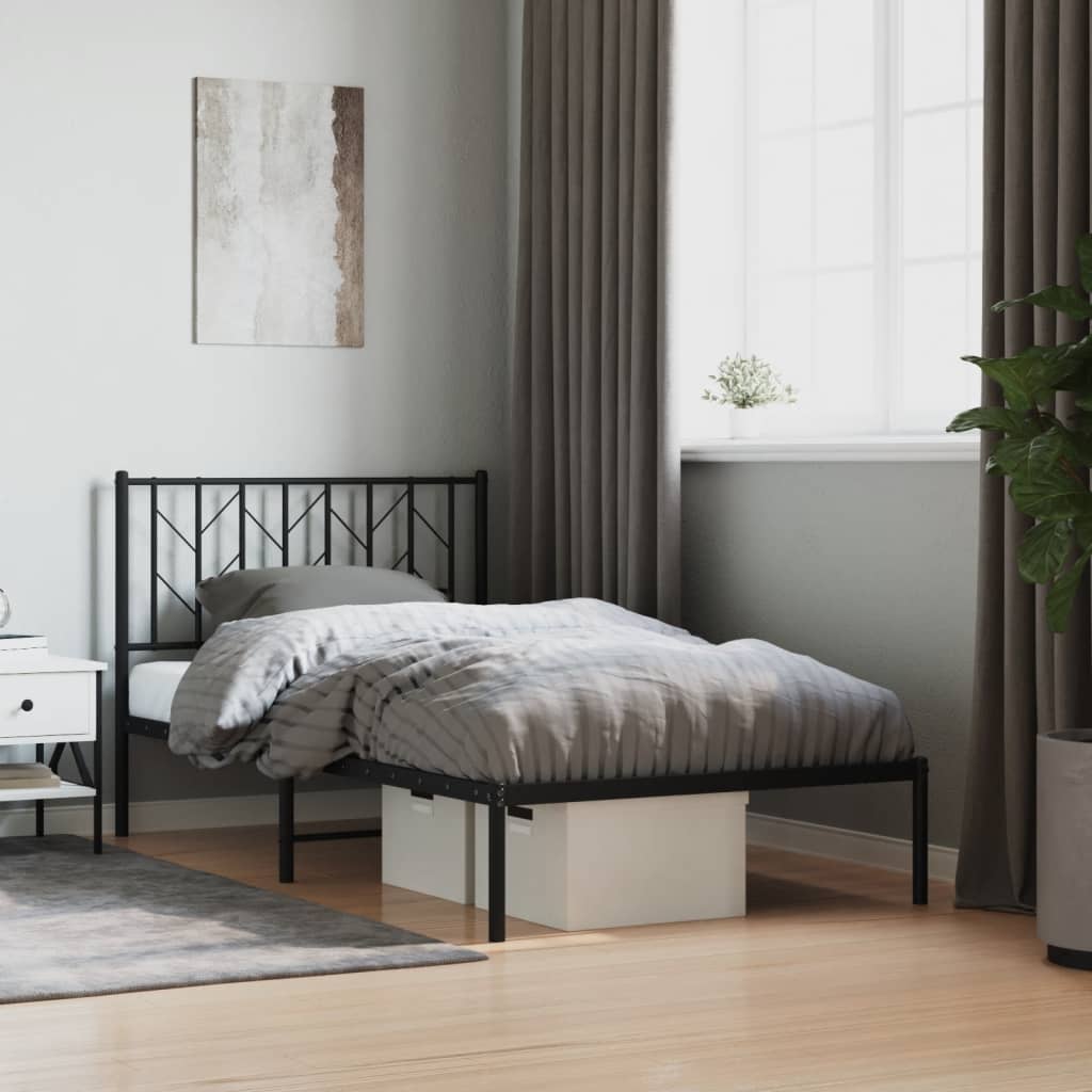 Black Metal Bed Frame with Headboard, 100x190cm - No Mattress Included
