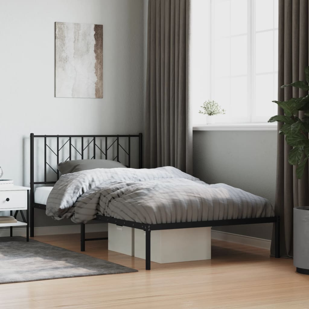 Sleek Black Metal Bed Frame with Headboard 107x203cm No Mattress