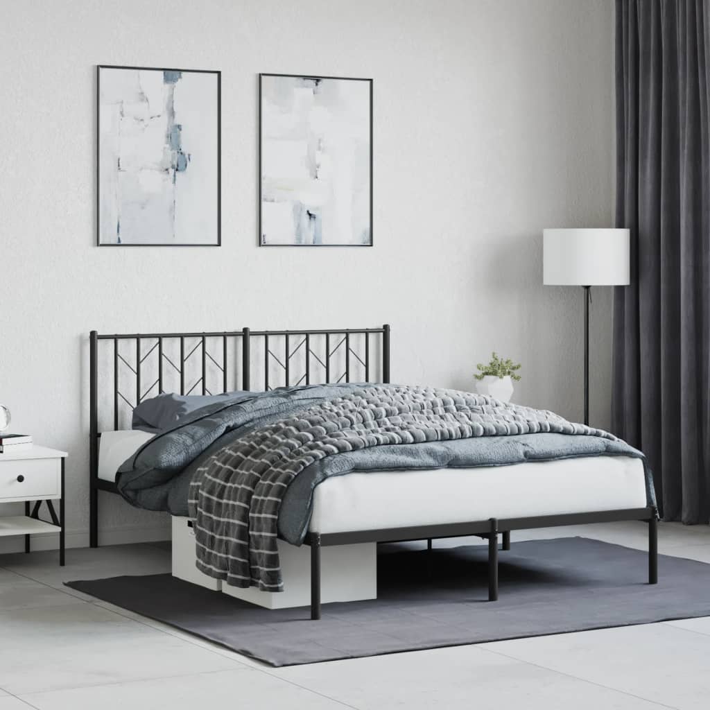 Black Metal Bed Frame with Headboard - 140x190cm, No Mattress