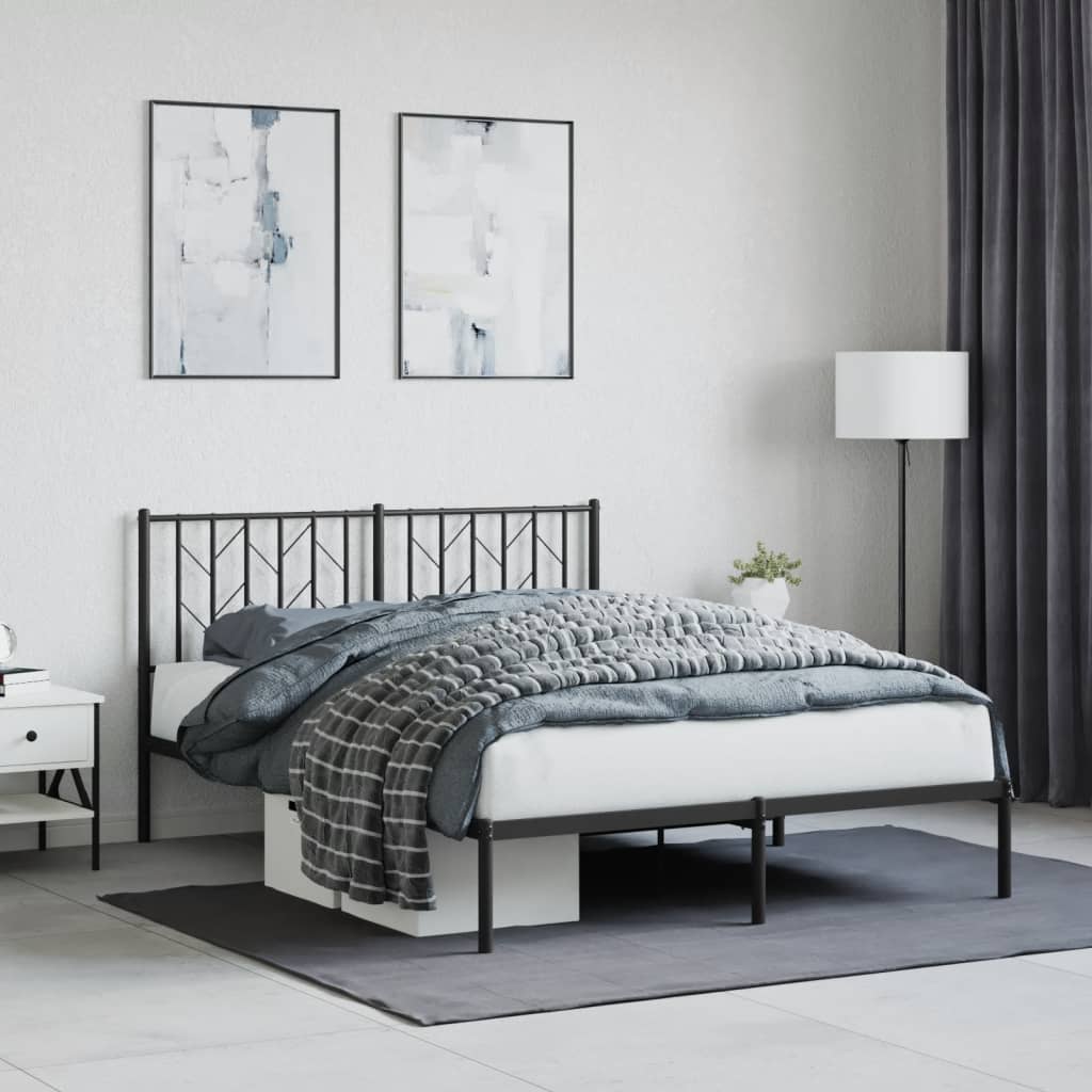Black Metal Bed Frame with Headboard - 140x200cm, No Mattress
