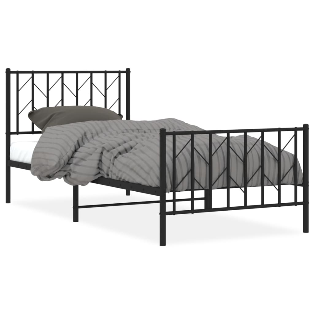 Black Metal Bed Frame with Footboard - 90x190cm, No Mattress