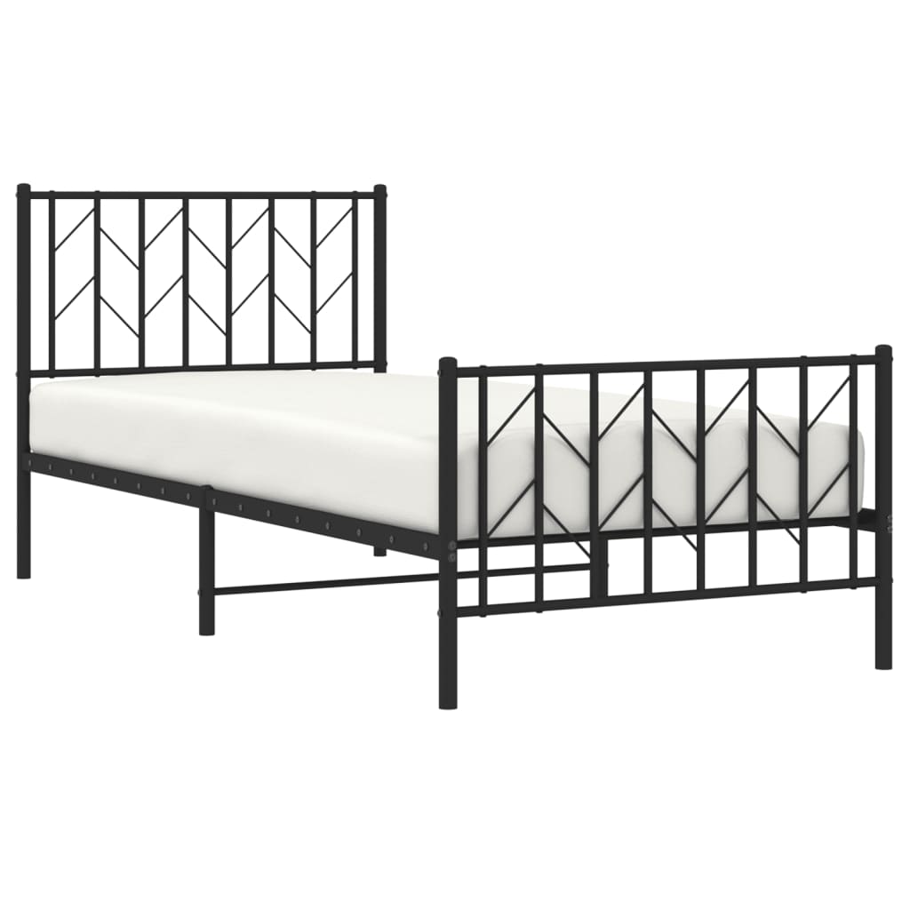 Black Metal Bed Frame with Footboard - 90x190cm, No Mattress