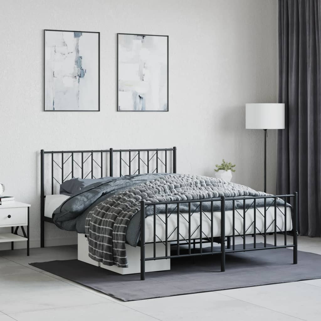 Black Metal Bed Frame with Footboard, 140x200cm - No Mattress