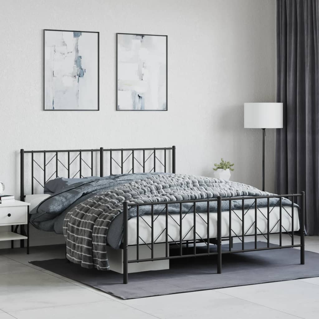 Elegant Black Metal Bed Frame with Footboard 160x200cm