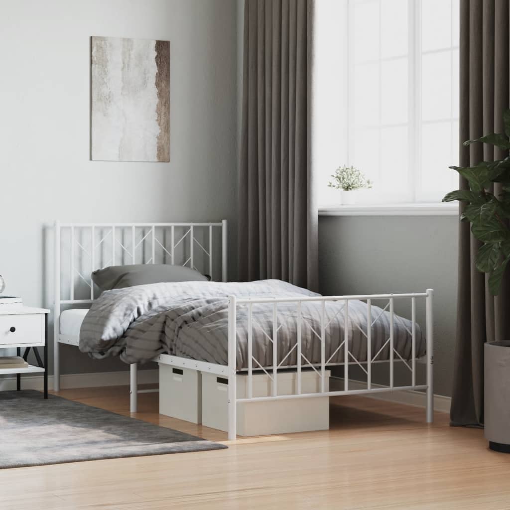 White Metal Bed Frame with Footboard, 100x190cm - No Mattress
