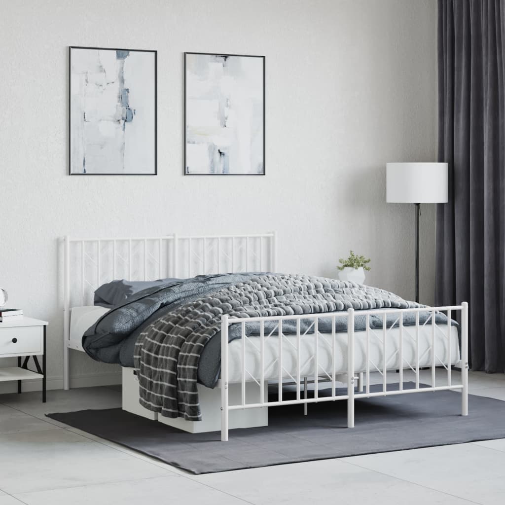 White Metal Bed Frame with Footboard - 135x190cm Sturdy Design