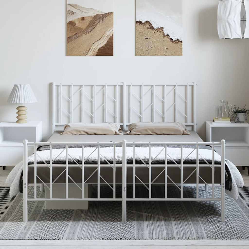 White Metal Bed Frame with Footboard, 150x200cm, No Mattress