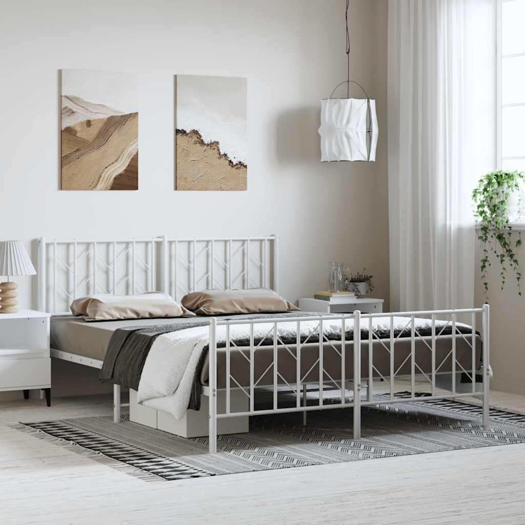 White Metal Bed Frame with Footboard, 150x200cm, No Mattress
