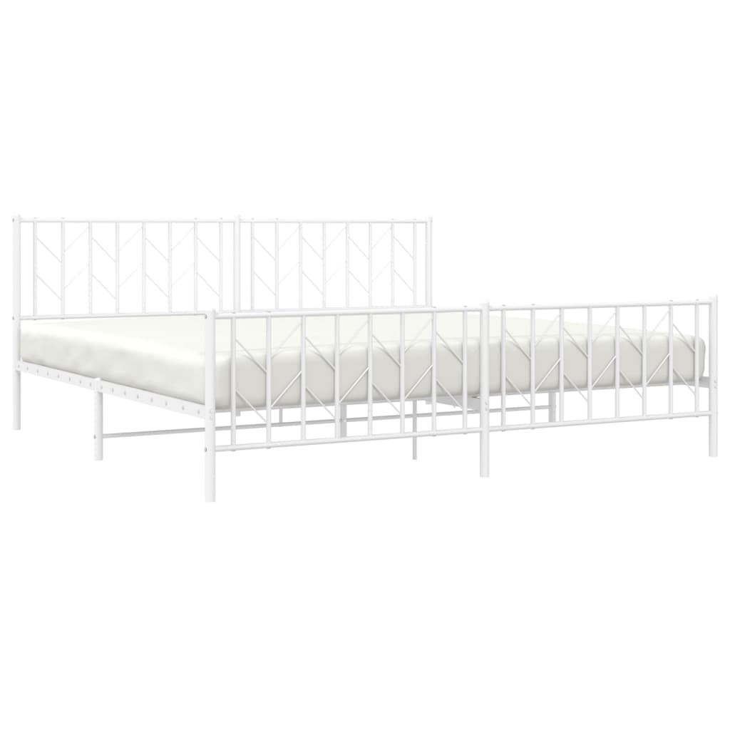 White Metal Bed Frame with Footboard - 200x200cm Sturdy Steel Design