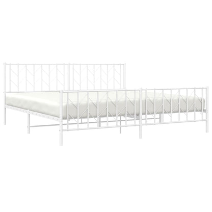 White Metal Bed Frame with Footboard - 200x200cm Sturdy Steel Design