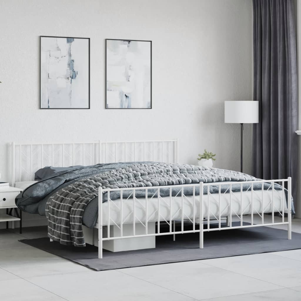 White Metal Bed Frame with Footboard - 200x200cm Sturdy Steel Design