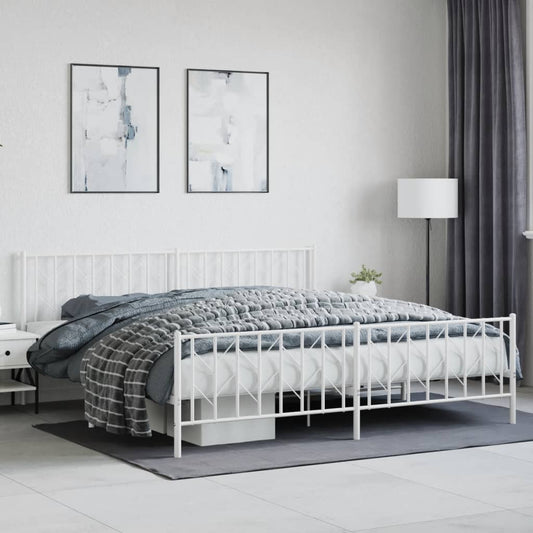 White Metal Bed Frame with Footboard - 200x200cm Sturdy Steel Design