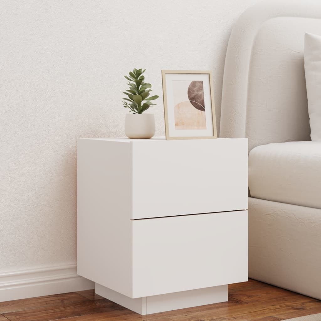 White Engineered Wood Bedside Cabinet with LED Lights
