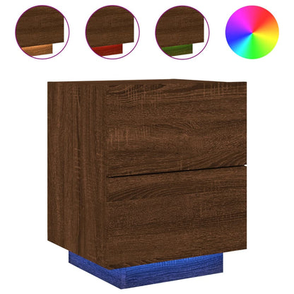Brown Oak Bedside Cabinet with LED Lights - Engineered Wood