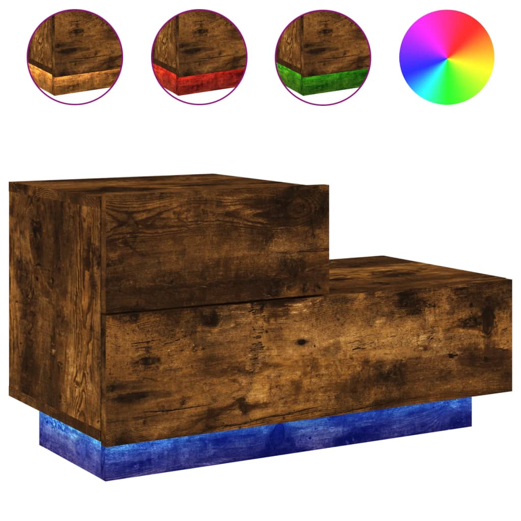Smoked Oak Bedside Cabinet with LED Lights, 70x36x40.5 cm