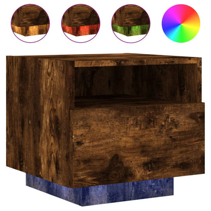 Smoked Oak Bedside Cabinet with LED Lights - 40x39x37 cm