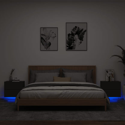 Black Wall-Mounted Bedside Cabinets with LED Lights - Set of 2