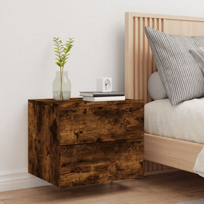 Smoked Oak Wall-Mounted Bedside Cabinet with LED Lights
