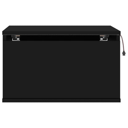 Black Wall-Mounted Bedside Cabinet with LED Lights and Storage