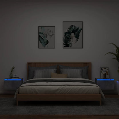 Concrete Grey Wall-Mounted Bedside Cabinets with LED Lights, 2 Pcs