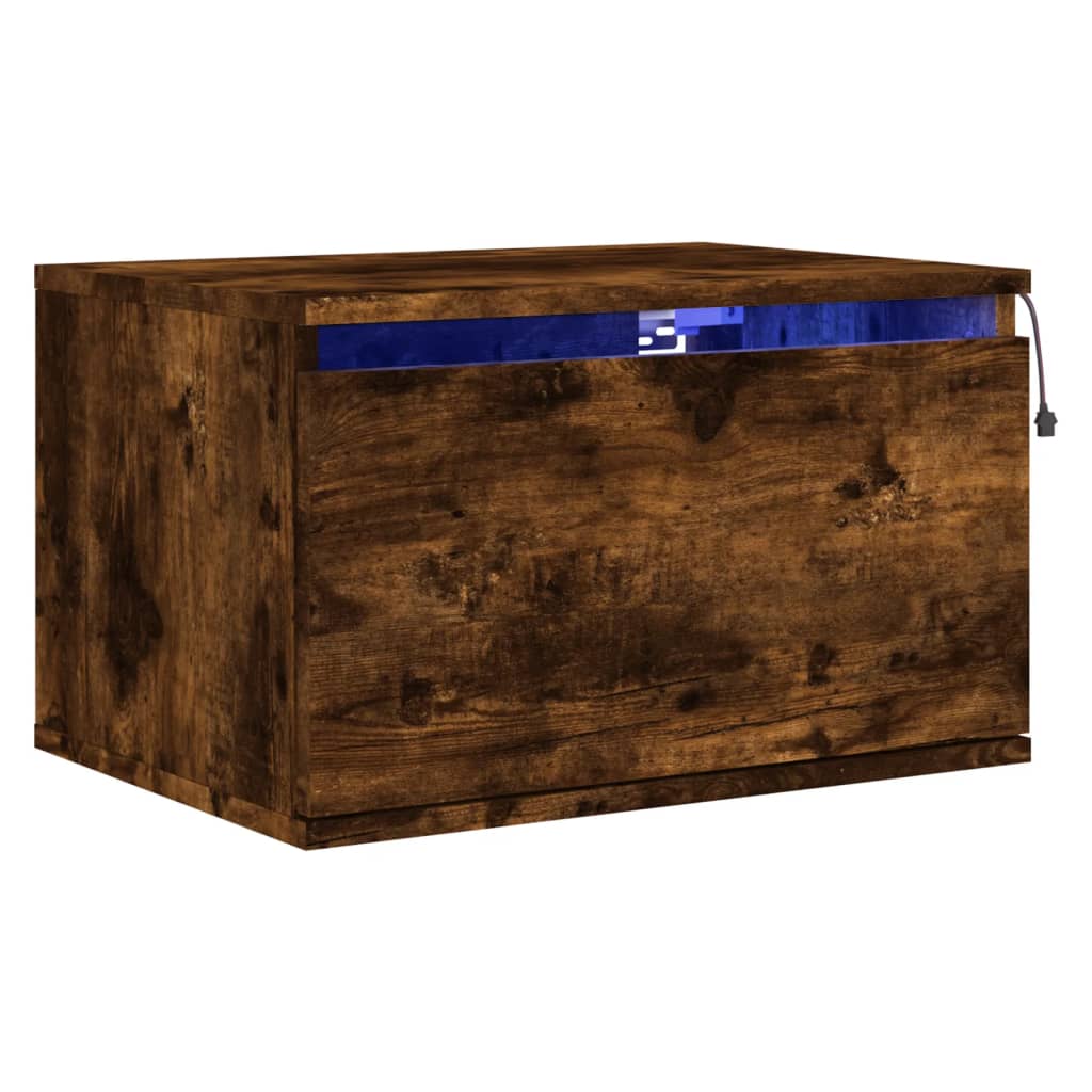 Smoked Oak Wall-mounted Bedside Cabinet with LED Lights